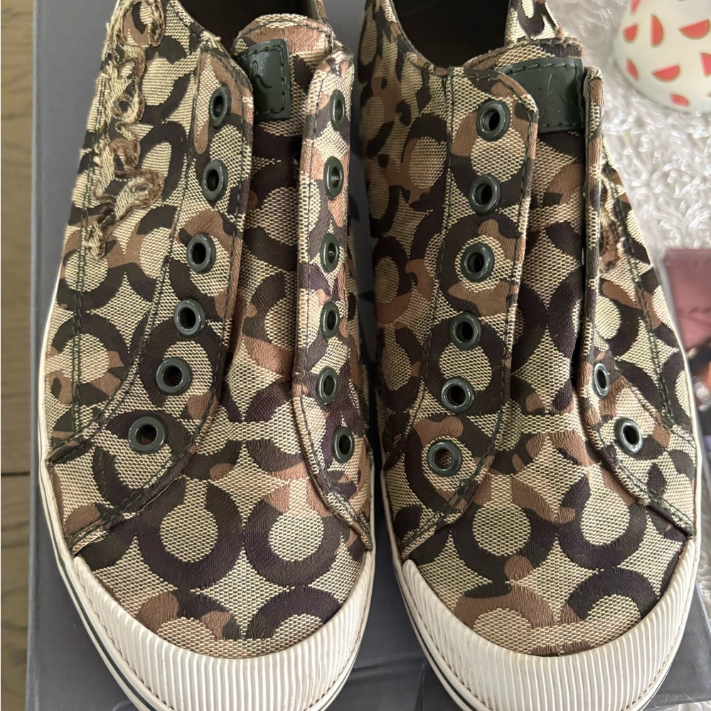 Coach Brown and Black Slip-On Sneakers with Signature Pattern